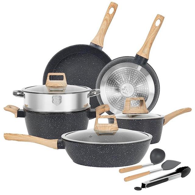 SODAY Pots and Pans Set, Nonstick Kitchen Cookware Sets, 12 Pcs Induction Cookware Granite Cooking Set with PFOS & PFOA Free Frying Pans, Saucepans, Steamer Silicone Shovel Spoon & Tongs (Black)