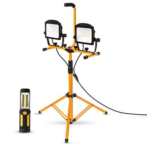 Home Zone Security LED Work Light - 10,000 Lumen ETL Certified Dual Head Work Lamp with Adjustable Stand, Includes COB Inspection Flashlight