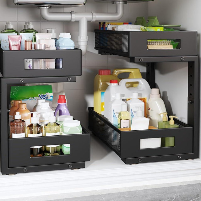 2-Pack Under Sink Organizers And Storage,Large Capacity 2-Tier Pull-Out Cabinet Organizer With Upgraded Tube Rails,Adjustable Height Sliding Drawers,Sturdy Mesh Shelves For Kitchen&Bathroom-Black