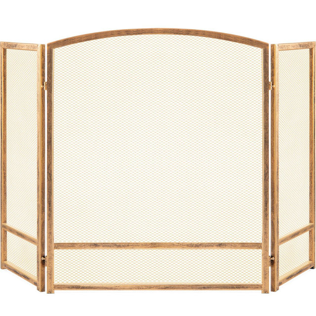 Best Choice Products 47.5x27.25in 3-Panel Steel Mesh Fireplace Screen, Spark Guard w/ Rustic Worn Finish - Antique Gold
