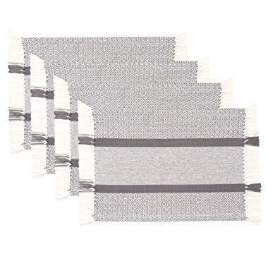 Sticky Toffee Cotton Woven Placemat Set with Fringe, Traditional Diamond, 4 Pack Placemats, Gray, 14 in x 19 in