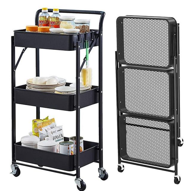 3 Tier Foldable Storage Cart with Wheels Folding Utility Rolling Cart Metal Kitchen Storage Shelf Organizer Cart for Living Room,Bedroom,Classroom