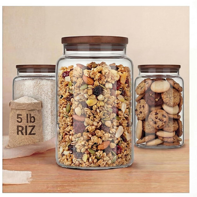 Massive 3-Pack: 4.5L (1.22 Gallon) Glass Storage Jars with Airtight Natural Wood Lids - Premium Stackable Borosilicate Canisters for Bulk Food, Flour, Coffee, Pasta & Pantry Organization
