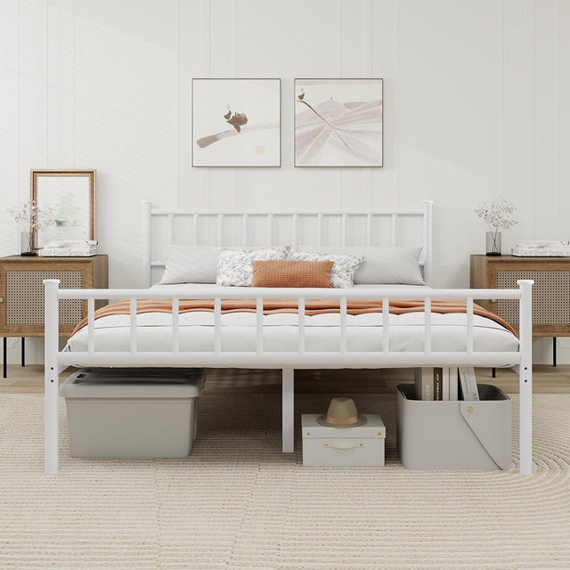 WJORATA Metal Platform Full Bed Frame with Headboard Sturdy Steel Slats Support No Box Spring Needed Easy Assembly White