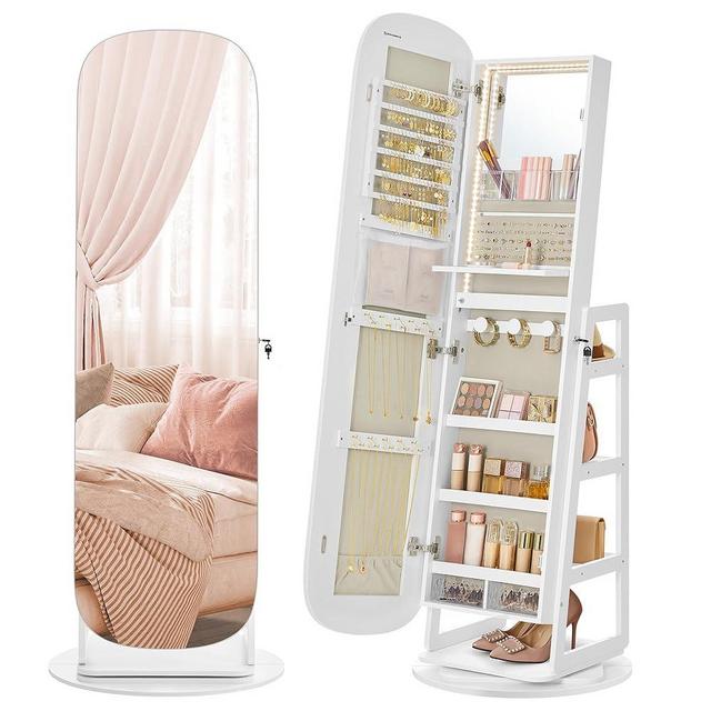 SONGMICS LED Jewelry Cabinet, 360° Swivel Jewelry Organizer, Lockable Mirror Jewelry Cabinet Standing, Rounded Wide Full-Length Mirror with Storage Shelves, Interior Mirror, Cloud White UJJC036W01