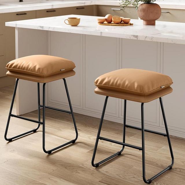 VASAGLE Counter Stools, Bar Stools Set of 2 with Soft Cushion and Sled Base, Counter Height Bar Chairs for Kitchen Island, Synthetic Leather and Steel, 16.5 x 17.7 x 25.6 Inches, Caramel Brown