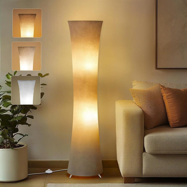 GyroVu 46" Modern Floor Lamps for Living Room, LED Column Standing Floor Lamp with 3 Color Temperature Adjustable & Gray Fabric Lampshade for Corner, Bedroom, Office & Kid's Room - Bulbs Included