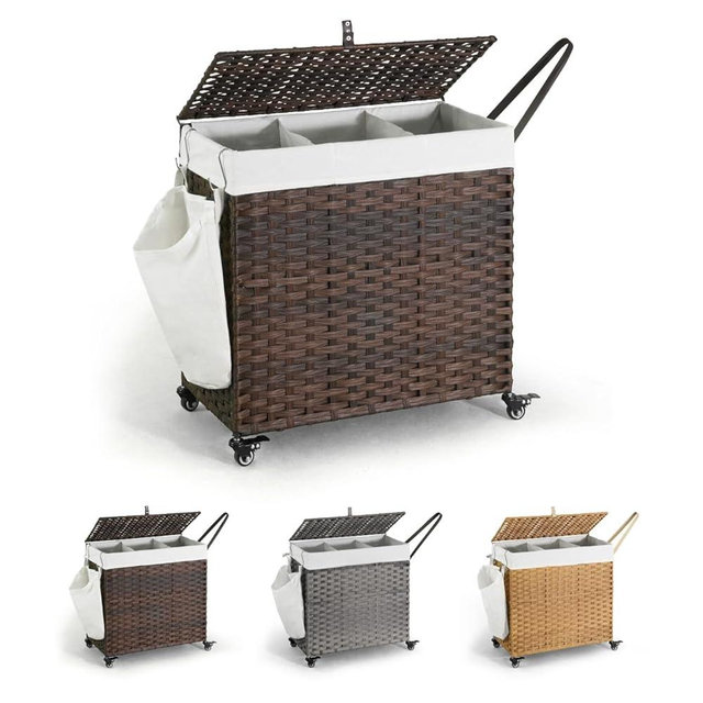 CAPHAUS Laundry Basket w/Wheels, Synthetic Rattan Laundry Hamper w/Lid, Removable Liner Bags, Mesh Bags, Pulling Strap, Clothes Hamper for Laundry, Basket w/Lid for Storage, 140L, Brown