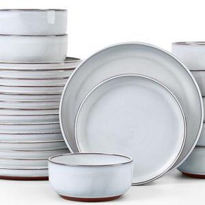 E-far Stoneware Dinnerware Sets for 8, 24 Pieces Reactive Glaze Plates and Bowls Sets, Elegant Dishes with Rustic Terracotta Clay Base, Dishwasher & Microwave Safe, Scratch Resistant, Glacier White