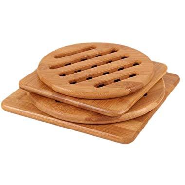 Alfto Hot Pads Trivet,Table Solid Bamboo Wood Trivets for Hot Dishes and Pot with Non-slip Pads Heat Resistant Pads Teapot Trivet 4pcs(Multi Size,2 Square 2 Round)
