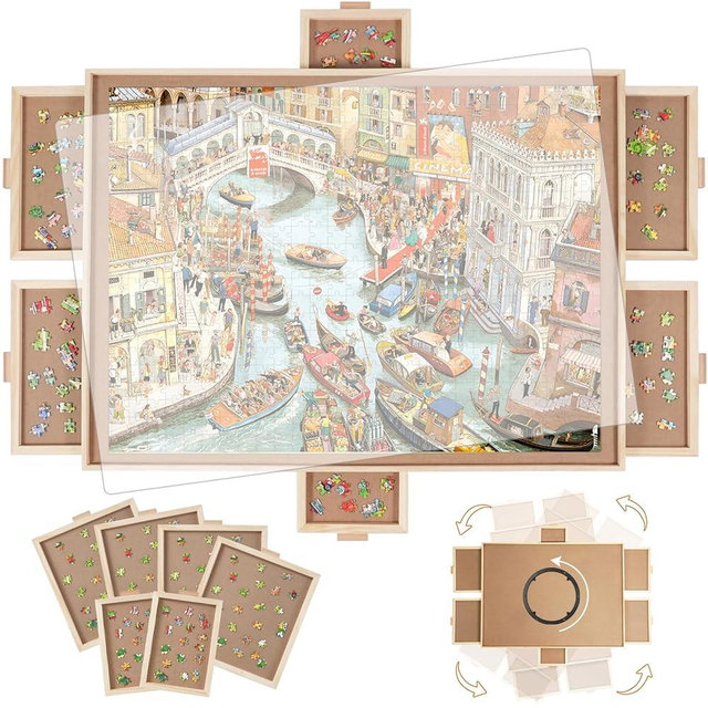 BuilderButler 1000 Pieces Rotating Puzzle Board with 6 Drawers,30.9"x23.2" Portable Wooden Jigsaw Puzzle Table with Lazy Susan Spinning Cover for Adults