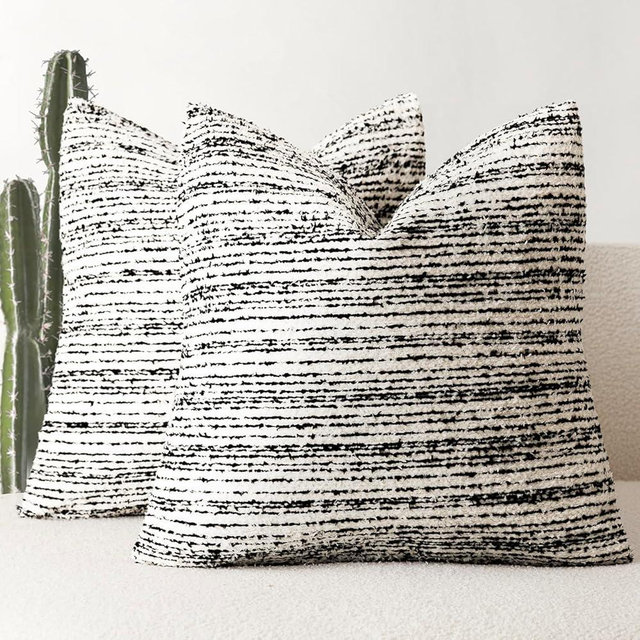Foindtower Set of 2 Faux Fur Textured Throw Decorative Pillow Covers Square Accent Striped Cushion Sherpa Boho Farmhouse Pillowcase for Couch Sofa Bed Living Room Home Decor 20x20 Inch,Black and White