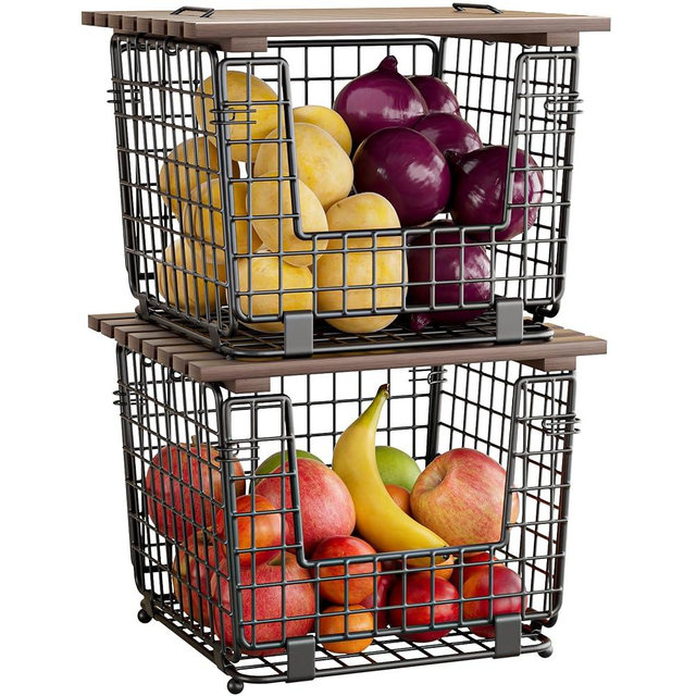 GGIU Wire Storage Basket For Kitchen Pantry and Counter - Stackable Wire Organizing Bin For Produce, Vegetable - Countertop Potato, Onion, Veggie Basket Brown