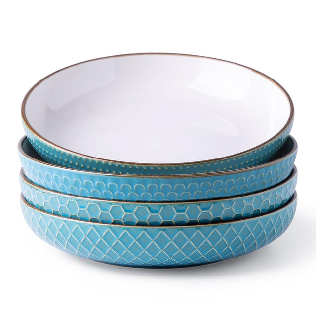 GBHOME 9.5'' Large Pasta Bowls, 42 Ounce Stoneware Salad Bowls for Kitchen, Ceramic Serving Bowls With Textured Pattern for Pasta,Stews,Salad,Noodle, House-warming Gift,Set of 4-Cobat Blue