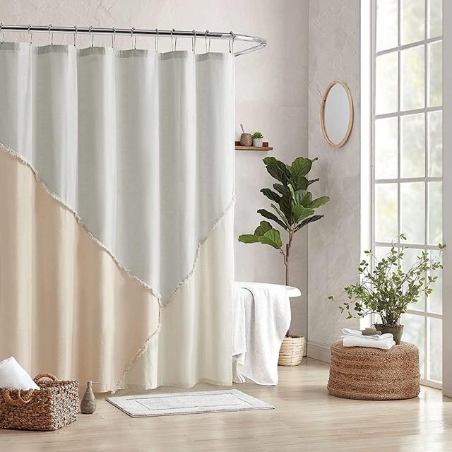 Peri Home 100% Cotton Fabric Shower Curtain for Bathroom, 72 x 72 inches, Blush Colorblock Fringe