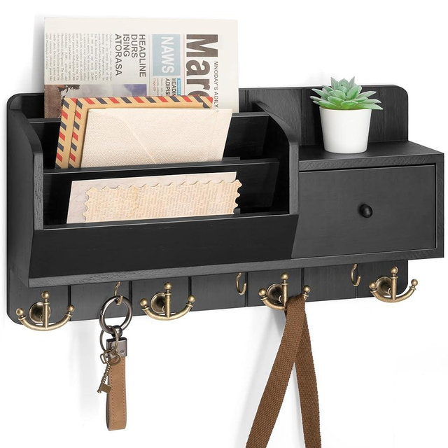 Rebee Vision Key Holder Wall Mount with Mail Sorter - Decorative Mail Organizer for Wall with Key Hooks and Drawer Organizer - Modern Home Essentials for Room Decor (Black)