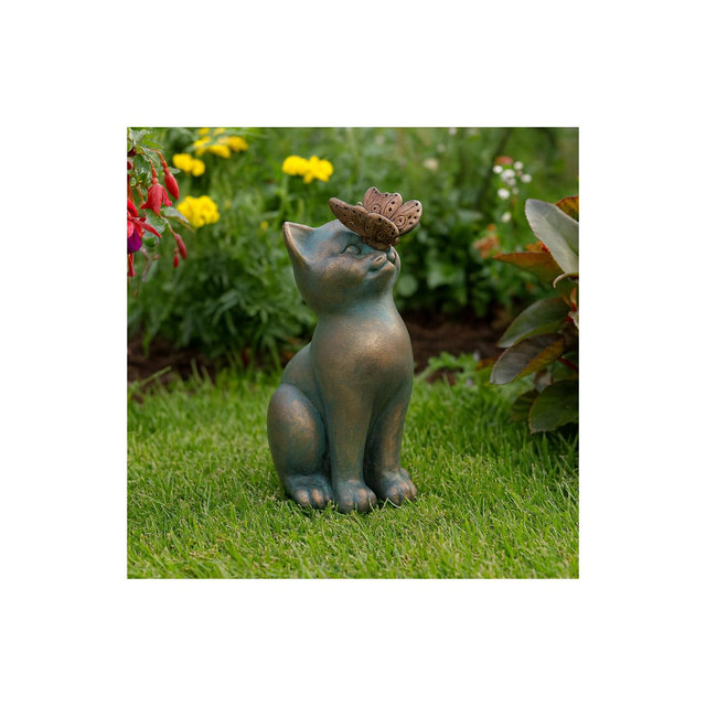 Garden Cat Statue with Butterfly Accent - Resin Sculpture for Home & Garden - Porch for Patio, Backyard, and Walkways - 8" Green, Gold, Bronze