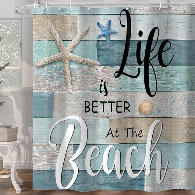 Beach Shower Curtain, Rustic Vintage Wood Ocean Quote Words Summer Fabric Decor Bath Curtain, Nautical Coastal Starfish Theme Bathroom Curtain Accessories with Hooks 72X72in