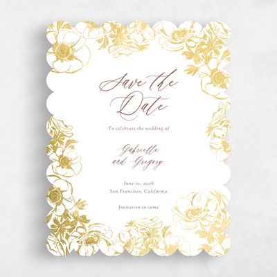 White Scalloped Wedding Save the Date - Anemone Portrait Foil