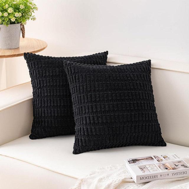 Aegero Pack of 2 Corduroy Decorative Throw Pillow Covers 18x18 InchSoft Boho Striped Pillow Covers Modern Farmhouse Home Decor for Sofa Living Room Couch Bed（Black）