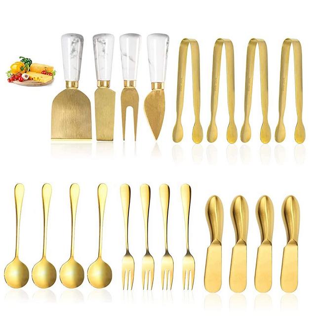 20 PCs Gold Cheese Spreader Knives Set, Butter Knife Spreaders for Cheese Board Accessories, Mini Cheese Knife Slicer with Serving Tongs Spoons and Fruit Forks Charcuterie Utensils - Gold