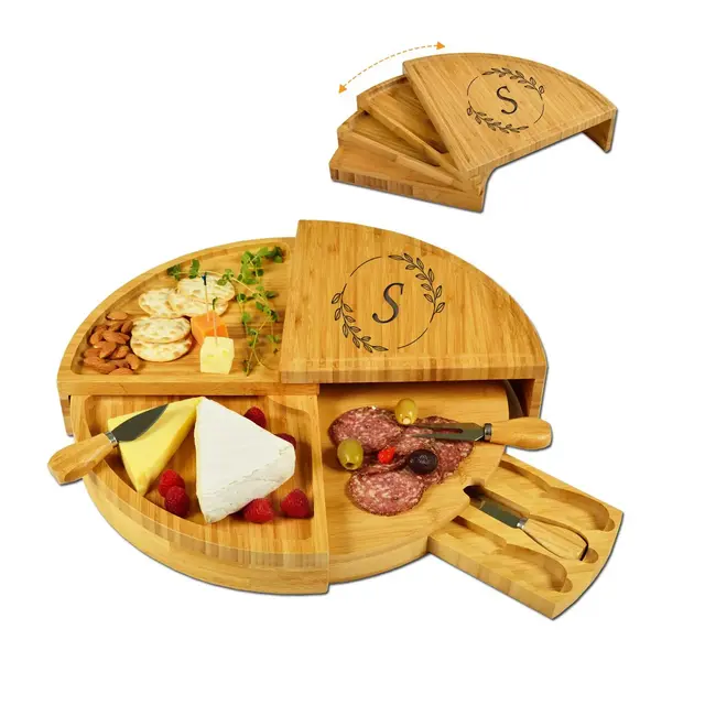 Picnic at Ascot Personalized Patented Swiveling, Large Multi Level Bamboo Cheese, Charcuterie Board Set