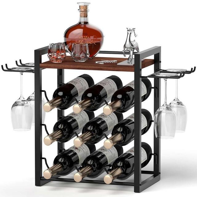 NANAGIFTREE Wine Rack Countertop, Wooden Wine Stand with Tray, Holds 9 Wine Bottles and 4 Glasses, Freestanding Wine Rack for Home, Kitchen, Bar, Wine Cellar