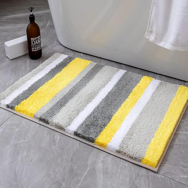 MIULEE Fluffy Bathroom Rugs Bath Mats Rugs Microfiber Striped Shower Rug Absorbent, Soft and Plush Machine Washable Non Slip Carpet Quick Dry for Bathroom Floor Tub, 20x30 Inch, Yellow-Grey