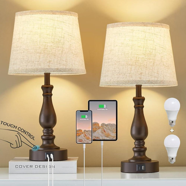 EJIAXIN Table Lamps for Bedrooms Set of 2 - Touch Bedside Lamps with Dual USB Ports - 3 Way Dimmable Nightstand Lamps for End Tables Farmhouse Night Stand Lamps for Living Room Bed Side Guest Room