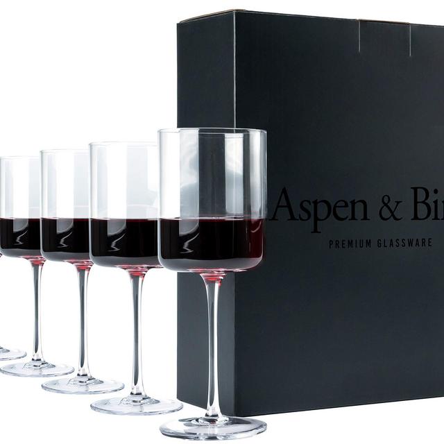 Modern Wine Glasses Set of 6 - Red Wine Glasses or White Wine Glasses, Crystal Stemware, Long Stem Wine Glasses Set, Clear, 15 oz, Hand Blown Glass Crafted by Artisans