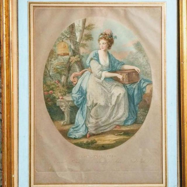 Ludit Amabilis Angelica Kauffman 1778 etching music box woman garden roses birdc...         Ludit Amabilis Angelica Kauffman 1778 etching music box woman garden roses birdcage Baroque tinted colored original 18th c framed idyll