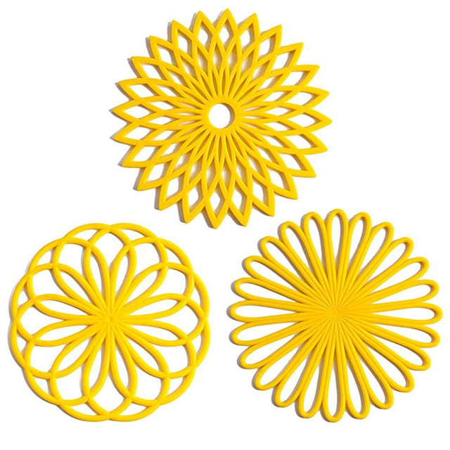 Set of 3 Silicone Trivet Mat - Hot Pot Holder Hot Pads for Table & Countertop - Trivet for Hot Dishes - Non-Slip & Heat Resistant Modern Kitchen Hot Pads for Pots & Pans, Yellow
