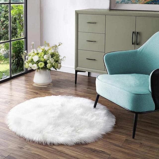 Latepis White Round Rug 3ft Faux Fur Sheepskin for Living Room Fluffy Washable for Bedroom Teen Room Dorm Cute Décor