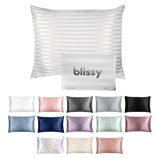 Blissy Silk Pillowcase - 100% Pure Mulberry Silk - 22 Momme 6A High-Grade Fibers - Silk Pillow Cover for Hair & Skin - Regular, Queen & King with Hidden Zipper (Standard, White Striped)