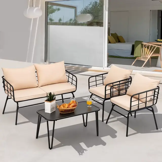 Costway 4PCS Patio Furniture Set Cushioned Sofa Loveseat Armrest Table Garden
