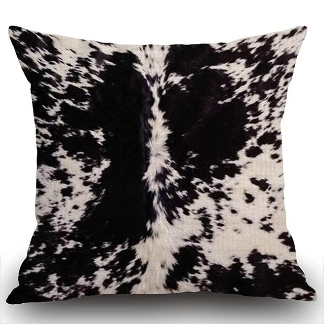 Swono Cowhide Print Throw Pillow Cover Black & White Cow Spots Pattern Printed Farmhouse Cushion Case for Sofa Couch 18x18 Inches Cotton Linen