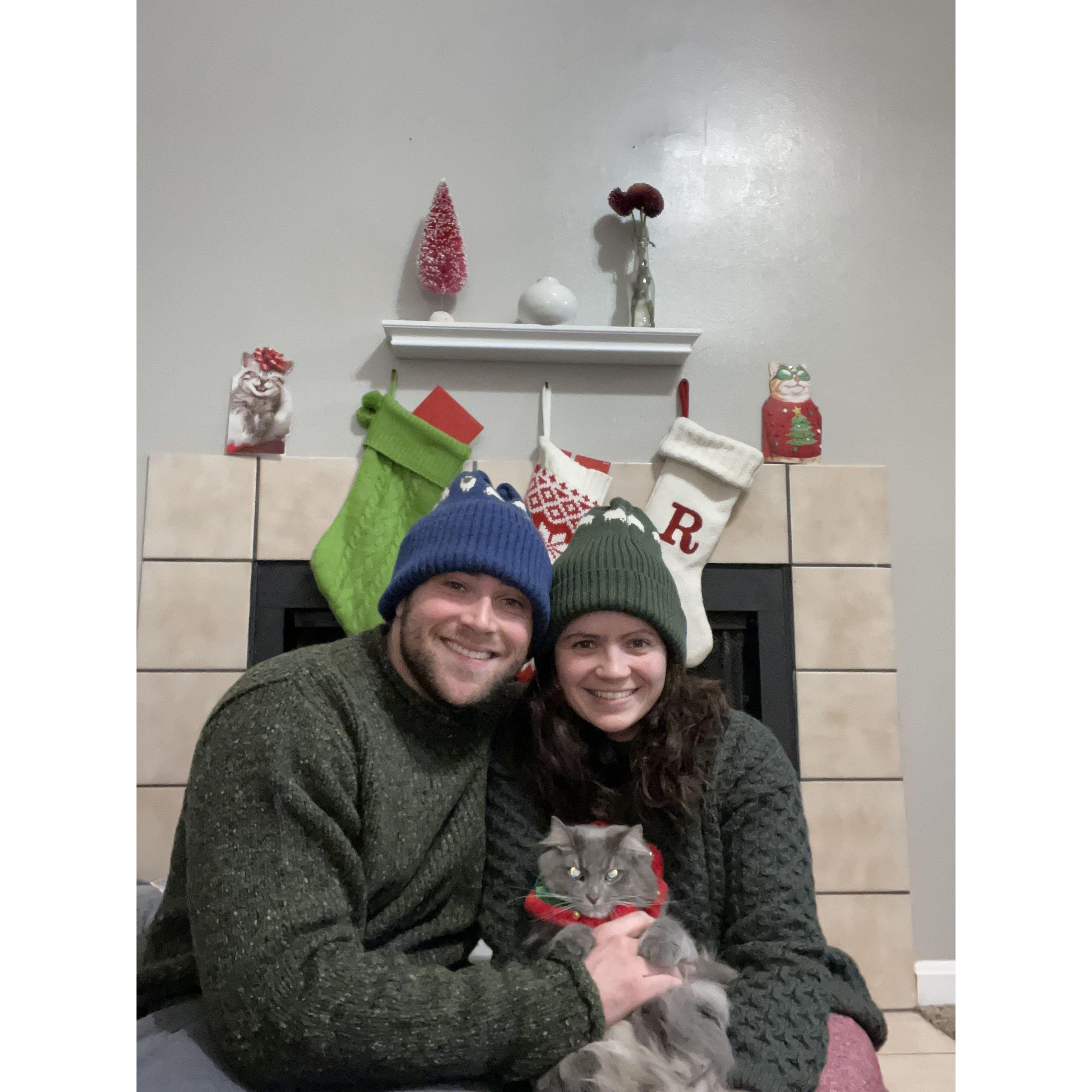 The obligatory first christmas card photo in 2023 after Liza (that angry kitty) was adopted