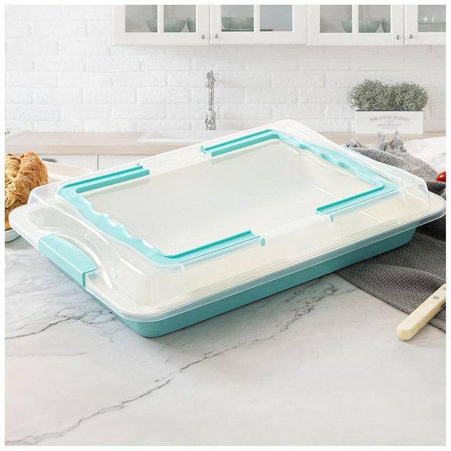 Spmarkt Baking Sheet Pan with Lid, 15inch*10inch Non-Stick Ceramic-Coating Sheet Cake Pan with lid, Easy to Clean, Ovan Safe Baking Tray, Ideal for Party, and Outdoor Picnics