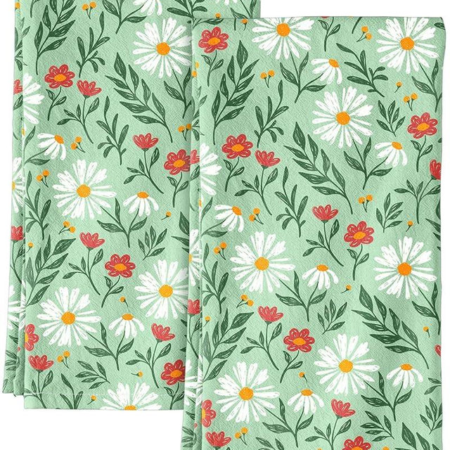 Miss Adola Flour Sack Kitchen Towels - Set of 2 Cotton Dish Towels with Hanging Loop Decorative 16x26 Inch Absorbent Cute Design for Housewarming Gifts, GN Daisy
