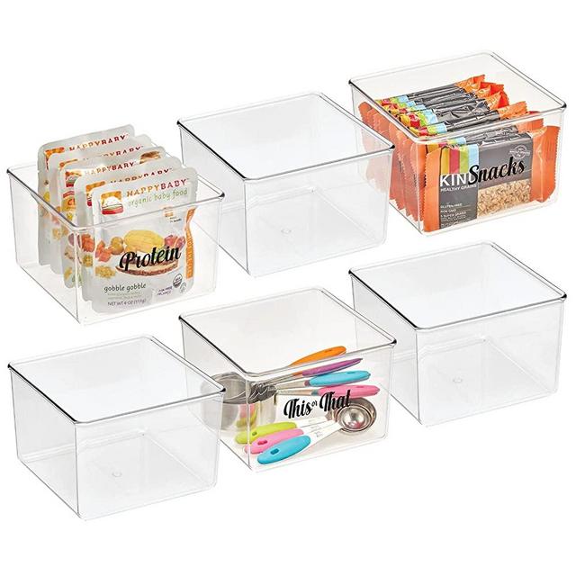 mDesign Deep Plastic Kitchen Storage Organizer Container Bin with 32 Pantry Identification Labels & Handles for Pantry, Cabinets, Shelves, Refrigerator, Freezer - 6" Long, Set of 6 Bins - Clear