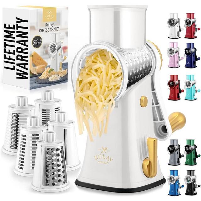 Zulay Rotary Cheese Grater 5 Blade Cheese Shredder - Manual Hand Crank Cheese Grater With Reinforced Suction & 5 Interchangeable Drums - Easy to Use Vegetable Chopper - Champagne Frost