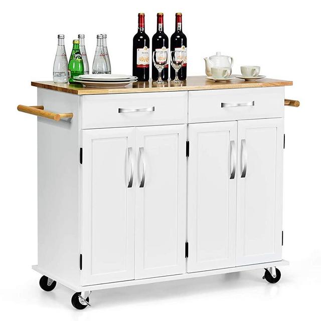 Giantex Kitchen Trolley Cart, Rolling Utility Island w/Rubber Wood Top, Large Storage Easy-Clean with Smooth Lockable Wheels Home Kitchen Carts (White)