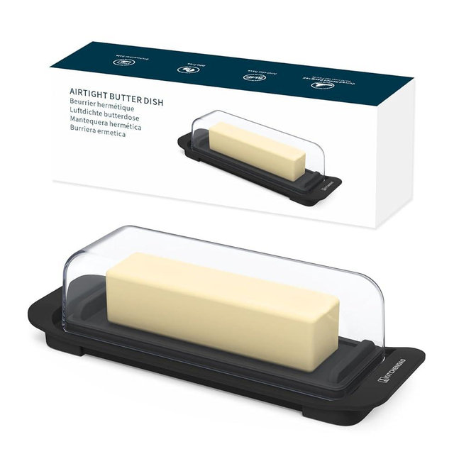 KITCHENDAO Airtight Butter Dish with Lid for Countertop and Refrigerator Door Shelf, Easy Scoop-Dishwasher Safe, Plastic Butter Holder Tray Container for West/East Coast Butter, Black
