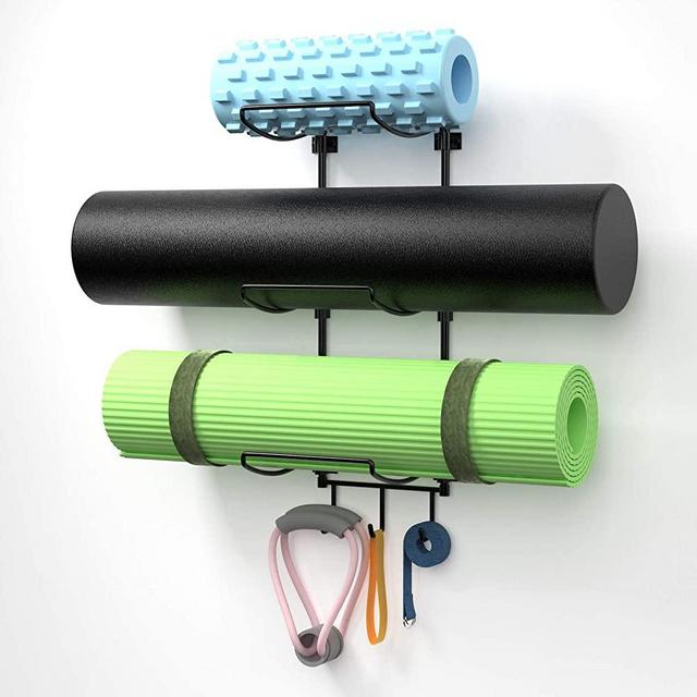 Suchek Yoga Mat Wall Holder Mount, Wall Rack Storage for Yoga Mat, Yoga Tiles, Foam Roller, Towel with 3 Hooks for Hanging Yoga Strap, Resistance Bands, for Home Gym Organization
