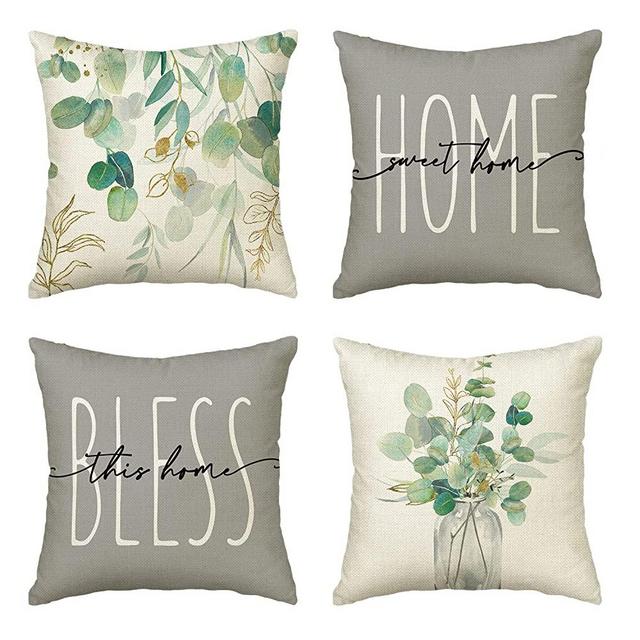 AVOIN colorlife Hello Spring Home Sweet Home Eucalyptus Leaves Throw Pillow Covers, 18 x 18 Inch White and Gray Cushion Case Decoration for Sofa Couch Set of 4