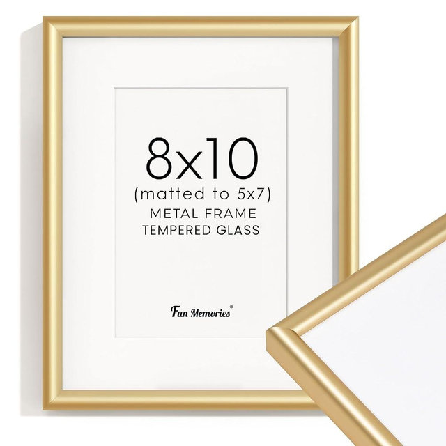 Fun Memories 8x10 Picture Frame Gold, Aluminum Picture Frame 8"x10" Tempered Real Glass, Modern 8 x 10 Metal Frame with Mat for 5 x 7, 8 by 10 Frame with Stand for Tabletop Display