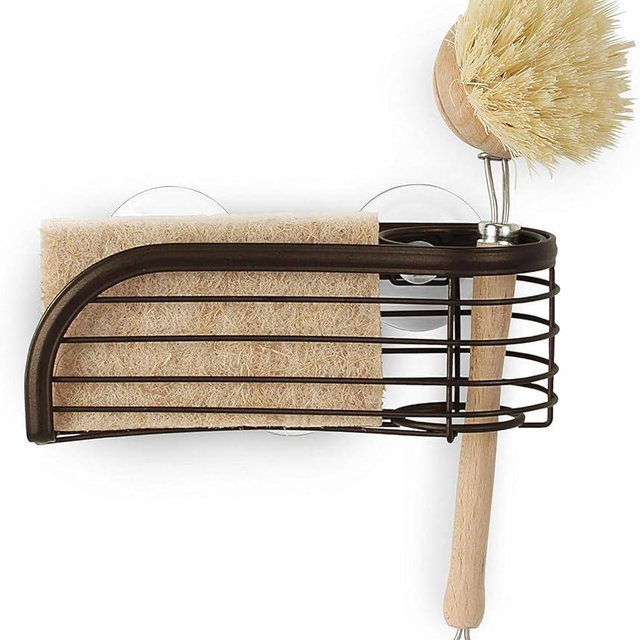 Spectrum Ashley Sink Sponge and Brush Holder with Suction Cups 2 in 1 Sink Caddy Bronze, No Rust Easy Mount Suction Cup Kitchen Sink Sponge and Brush Holder Hanging Wire Cradle Promotes Quick Drying