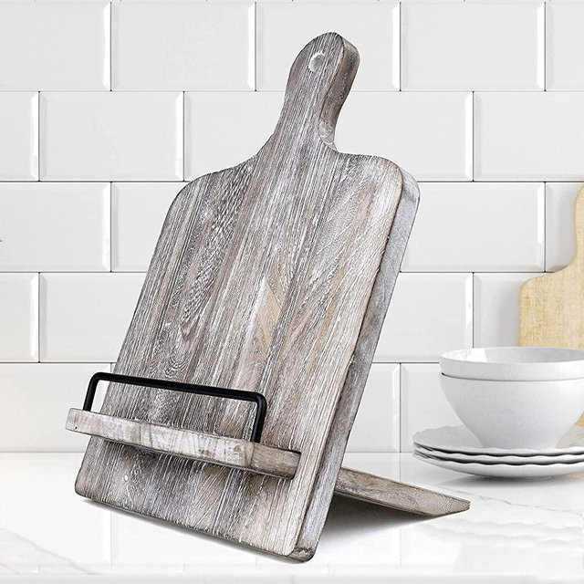 Cookbook Stand - Wood Cookbook Holder, Cutting Board Cookbook Recipe Holder with Adjustable Pull-out Stand (Grey)