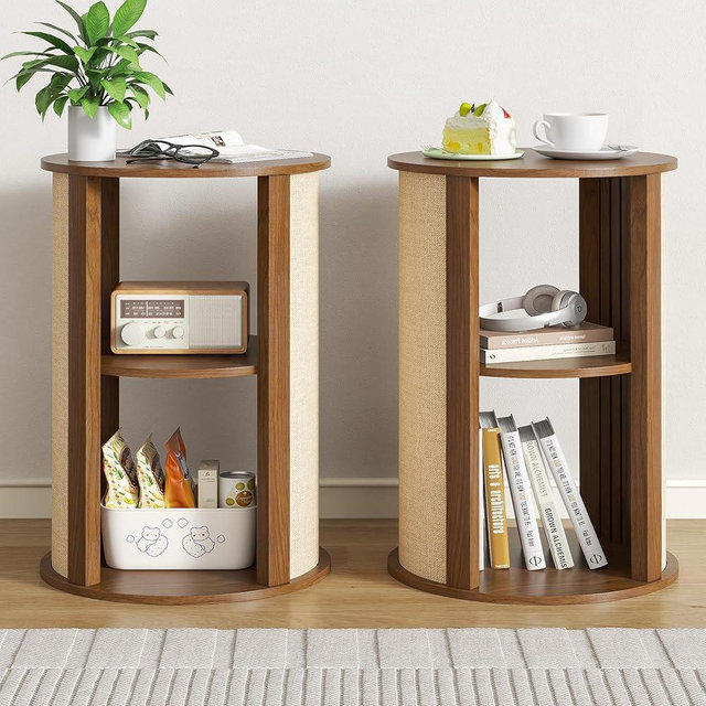Set of 2 Walnut Round Side Table for Sofa, Round Nightstand, Couch Bedside End Table with Storage, Wood Mid Century Modern Night Stand, 2-Tier, Adjustable Shelf, for Living Room, 16 Inches