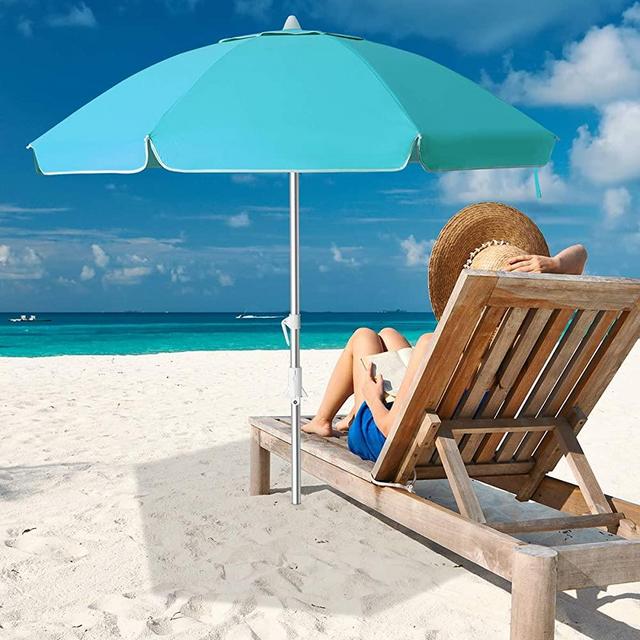 MEWAY 6.5ft Beach Umbrella with Sand Anchor & Tilt Mechanism, Portable UV 50+ Protection，Outdoor Sunshade Umbrella with Carry Bag，for Garden Beach Outdoor (Sky Blue)